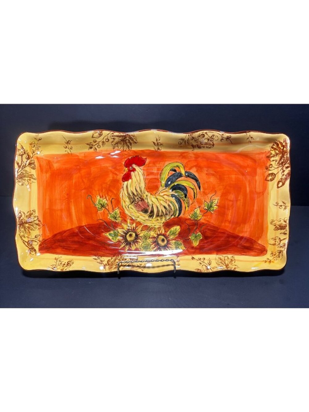 Maxcera Hand-Painted Ceramic Orange Rooster Serving Platter Rectangular